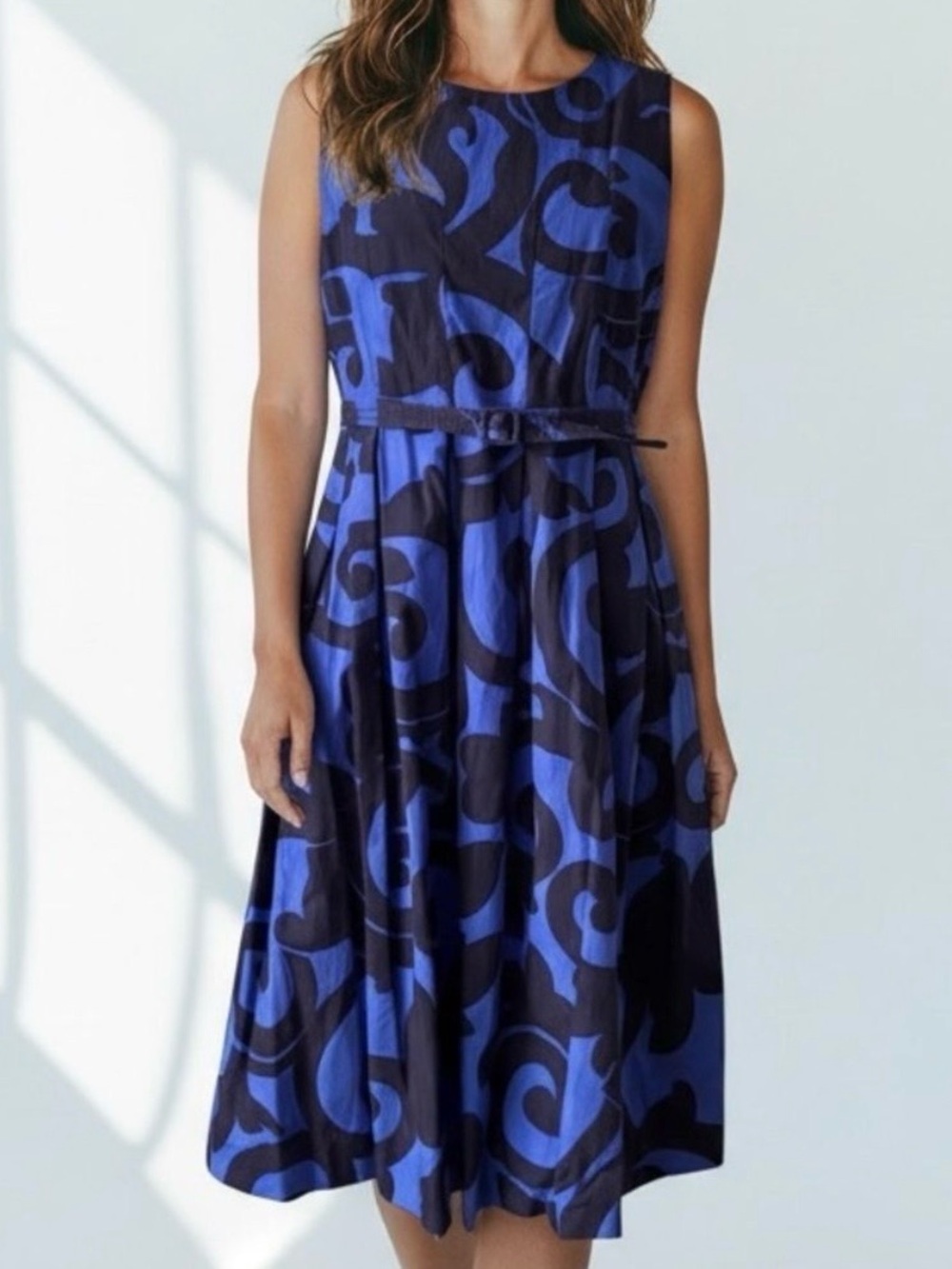 J. Crew Sleeveless Blue & Black Swirl Midi Dress